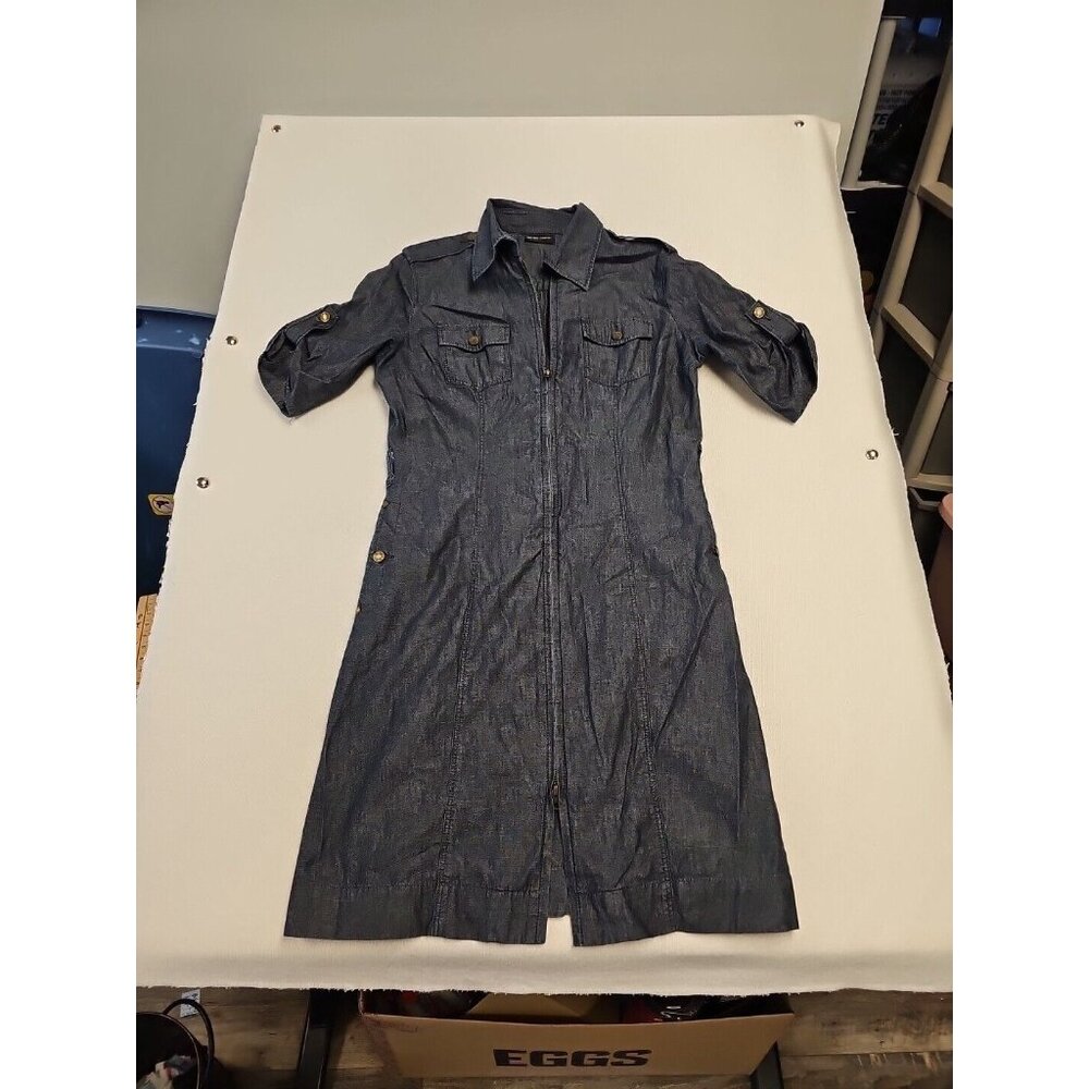 New York & Company Chambray Denim Front Full Zip Roll TabDress Womens 8 No‎ Belt